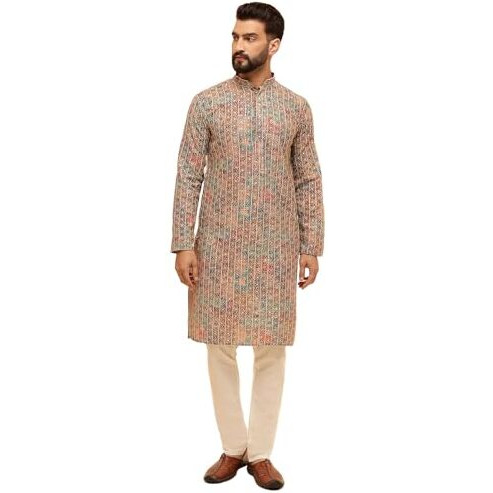 Sojanya (Since 1958 Men's Cotton Silk Gold Thread Floral Embroidered Kurta With White Pyjama