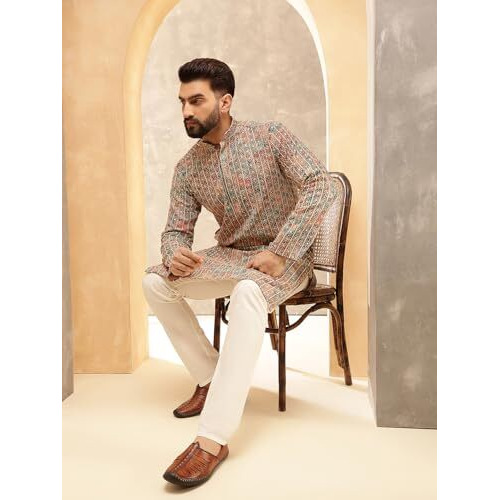 Sojanya (Since 1958 Men's Cotton Silk Gold Thread Floral Embroidered Kurta With White Pyjama