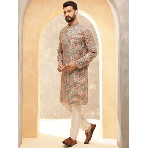 Sojanya (Since 1958 Men's Cotton Silk Gold Thread Floral Embroidered Kurta With White Pyjama