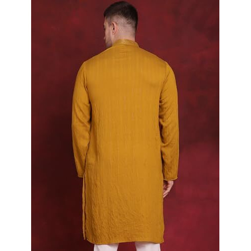 Jompers Sequins Embroidered Kurta Pyjama Set For Men. (Mustard, L)
