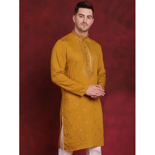 Jompers Sequins Embroidered Kurta Pyjama Set For Men. (Mustard, L)