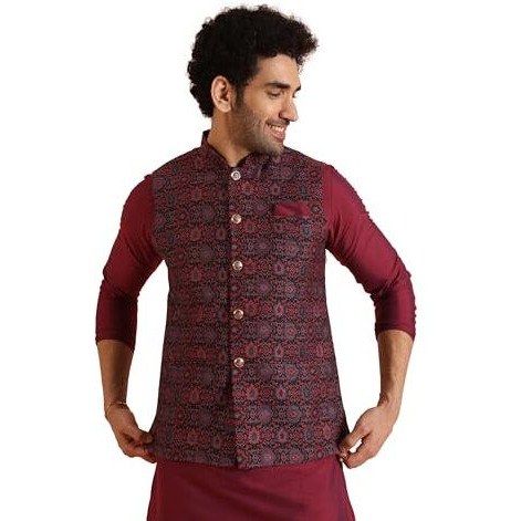 Kisah Men's Nehru Jacket, Multi Silk Blend, Woven Design Mandarin Collar Sleeveless Regular Fit (S)