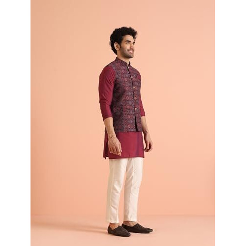 Kisah Men's Nehru Jacket, Multi Silk Blend, Woven Design Mandarin Collar Sleeveless Regular Fit (S)