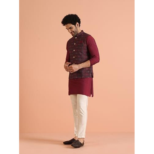 Kisah Men's Nehru Jacket, Multi Silk Blend, Woven Design Mandarin Collar Sleeveless Regular Fit (S)