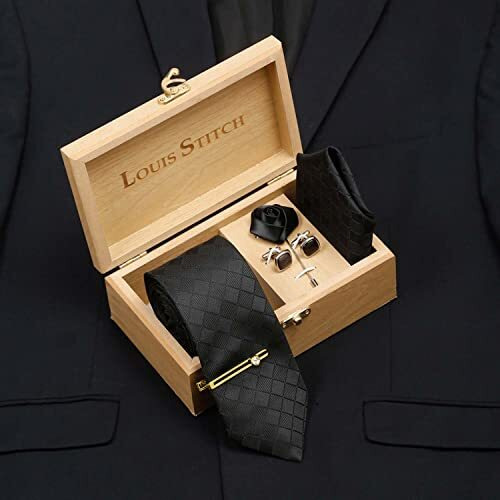 Louis Stitch Mens Sable Black Italian Silk Necktie Set Incl Pocket Square Cufflinks Golden Tiepin Brooch American Style Formal Tie Gift Set For Men (Bl011Gp)