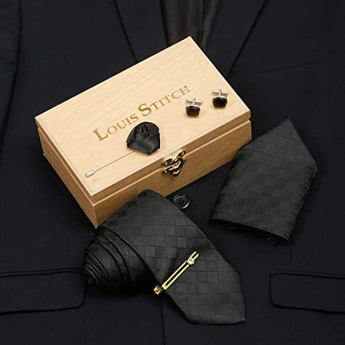 Louis Stitch Mens Sable Black Italian Silk Necktie Set Incl Pocket Square Cufflinks Golden Tiepin Brooch American Style Formal Tie Gift Set For Men (Bl011Gp)