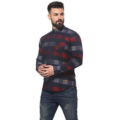 Campus Sutra Men's Navy Blue & Red Gun Club Check Shirt For Casual Wear | Spread Collar | Long Sleeve | Button Closure | Cotton Shirt Crafted With Comfort Fit For Everyday Wear