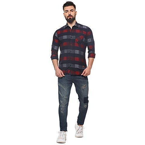 Campus Sutra Men's Navy Blue & Red Gun Club Check Shirt For Casual Wear | Spread Collar | Long Sleeve | Button Closure | Cotton Shirt Crafted With Comfort Fit For Everyday Wear