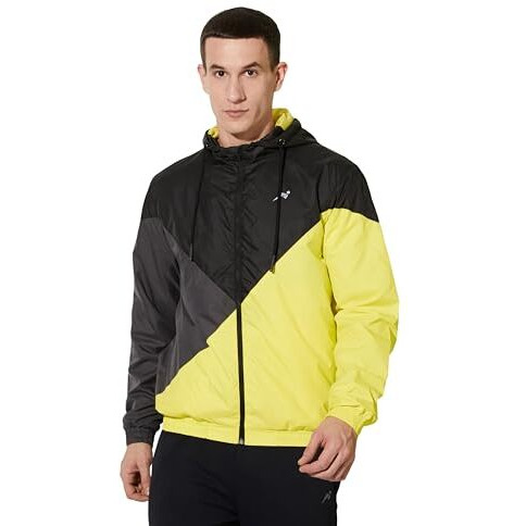 Amazon Brand - Symbol Men's Color Block Full Sleeves Hooded Regular Fit Sports Jacket (Aw23-Sa-Jk-06_Neon Green/Grey/Black_S)
