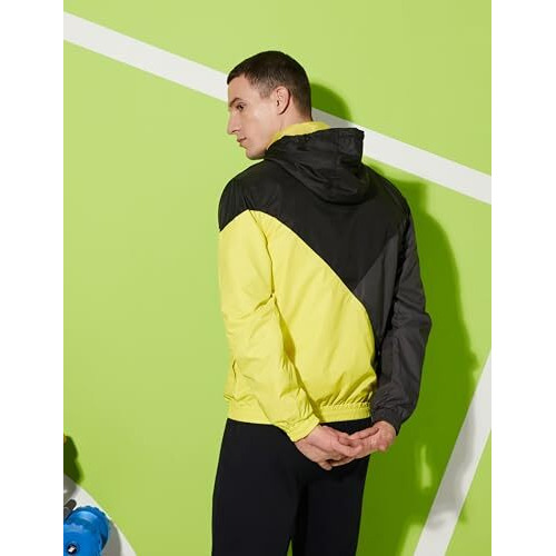 Amazon Brand - Symbol Men's Color Block Full Sleeves Hooded Regular Fit Sports Jacket (Aw23-Sa-Jk-06_Neon Green/Grey/Black_S)