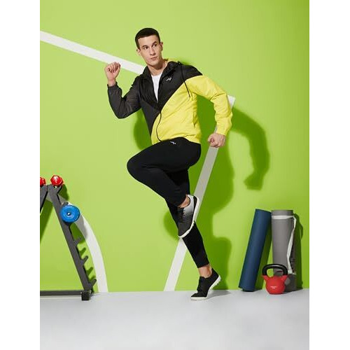 Amazon Brand - Symbol Men's Color Block Full Sleeves Hooded Regular Fit Sports Jacket (Aw23-Sa-Jk-06_Neon Green/Grey/Black_S)