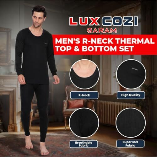 Lux Cozi Men's Round Neck Full Sleeve Garam Thermal Top & Bottom Set (Black_95Cm)