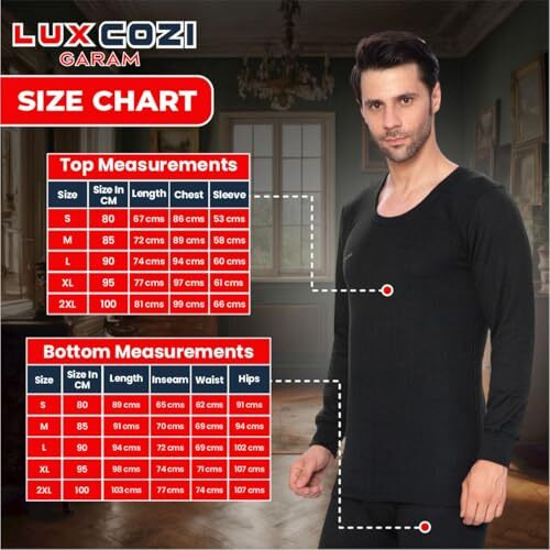 Lux Cozi Men's Round Neck Full Sleeve Garam Thermal Top & Bottom Set (Black_95Cm)