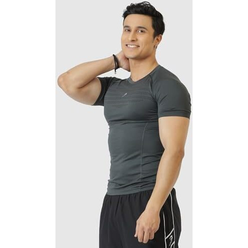 Fuaark Nylon Seamless Compression Half Sleeves Dry Fit T-Shirts For High Performance In Gym (Grey, S)