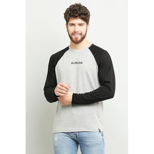 Almuda Men's Regular Fit Full Sleeve Round Neck Pure Cotton T-Shirt (Light Grey)