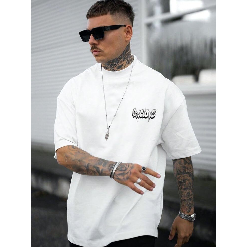 Alone Eagle Men's 100% Cotton Round Neck Printed Oversized T-Shirt(2Xl,White2)