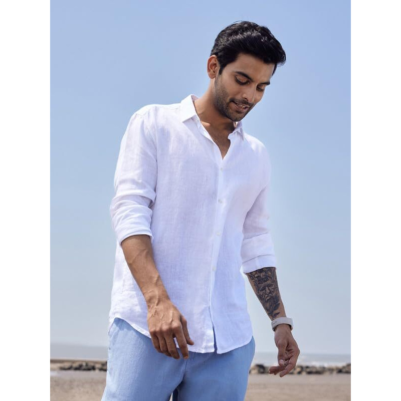 Kingdom Of White Se Relaxer 100% Pure Linen Solid White Shirt I Full Sleeves With Buttoned Cuff | Regular Fit And Regular Collar With Curved Hem I Stylish Shirt For Formal Or Casual Look For Men