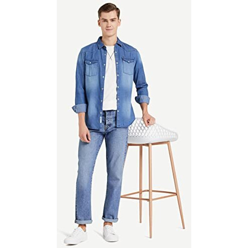 Amazon Brand - Inkast Denim Co. Men's Slim Shirt (Az-Ink-Rfs-Dn-04_Light Blue S)