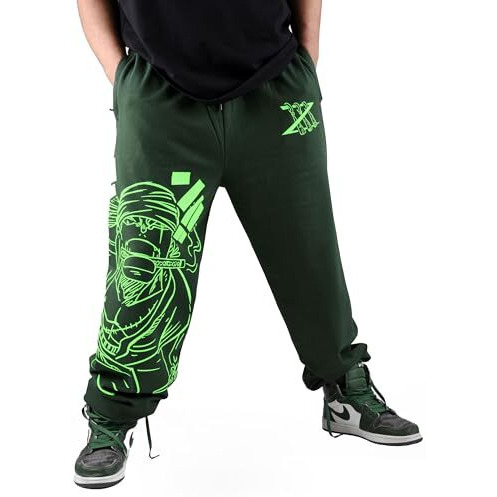 Comicsense.Xyz Unisex Anime Joggers For Men And Women, Pirate Hunter Printed Neon Print Anime Baggy Fit Track Pants - Large, Mid Rise,Green