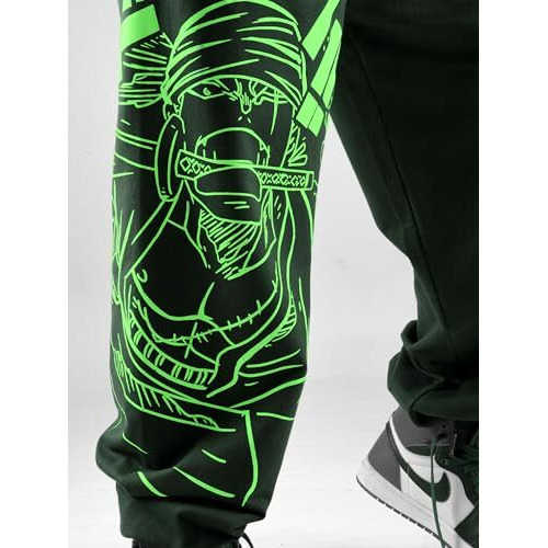 Comicsense.Xyz Unisex Anime Joggers For Men And Women, Pirate Hunter Printed Neon Print Anime Baggy Fit Track Pants - Large, Mid Rise,Green
