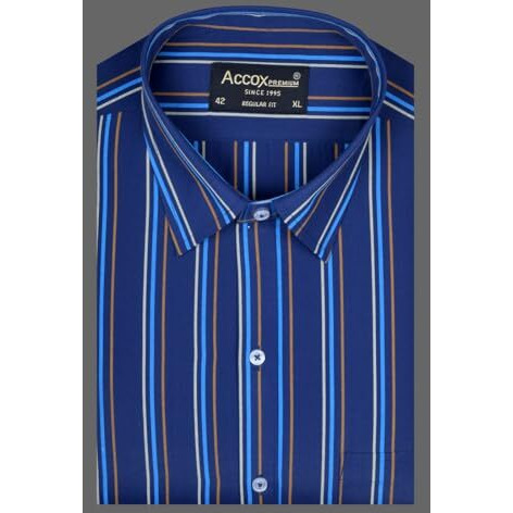 Accox Men's Breathable Cotton Full Sleeves Regular Fit Striped Checkered Formal Shirt For Men (O_Gcr375_44) Blue