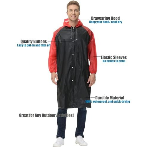 Allextreme Eva Raincoat Transparent Reusable Water Resistant Rainsuit With Hood For Women Men (Black)