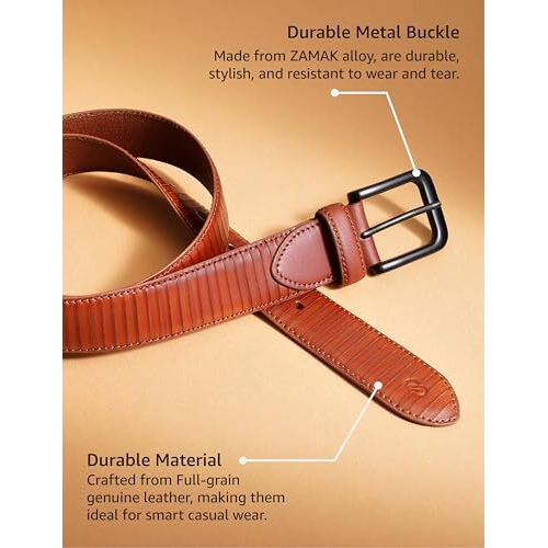 Symbol Premium Men's Genuine Leather Casual Belt (Striped Tan_32-34)