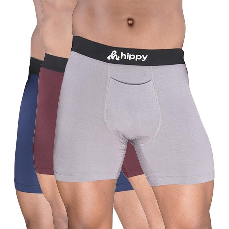 Onskin Men's Modal Long Trunks With Front Opening | Ultra-Soft Waistband, Moisture-Wicking, Breathable Men's Underwear | All-Day Comfort & Support Boxer Briefs| Pack Of 3 - Burgendy, Navy & Grey,Xl