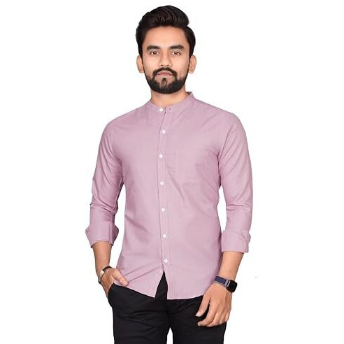 Voroxy Men Regular Fit Solid Mandarin Collar Casual Shirt (Mdrn_Lovender_L_Lovender_Large)
