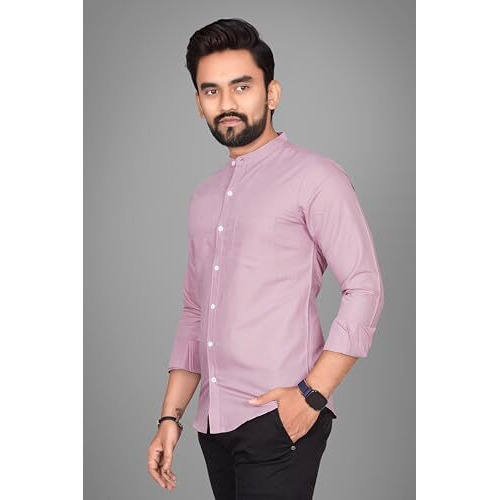 Voroxy Men Regular Fit Solid Mandarin Collar Casual Shirt (Mdrn_Lovender_L_Lovender_Large)