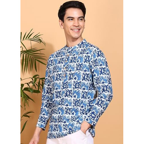 Yash Gallery Men's Cotton Handblock Print Mandarin Collar Full Sleeves Short Kurta (Blue, Xxl)