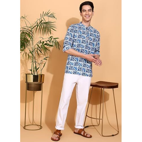 Yash Gallery Men's Cotton Handblock Print Mandarin Collar Full Sleeves Short Kurta (Blue, Xxl)