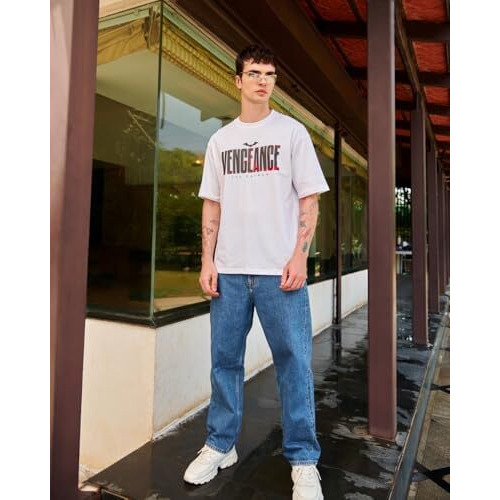 Bewakoof Men's Typography 100% Cotton T-Shirt - Oversized Fit, Round Neck, Half Sleeves White