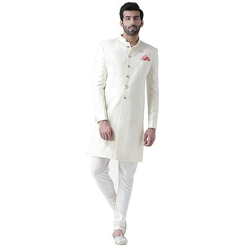 Kisah Men Off-White Self-Design Cotton Sherwani Set, Full Sleaves, Knee Length, Straight, Regular Fit, Mandarin Collar Ethnic Casual Wear