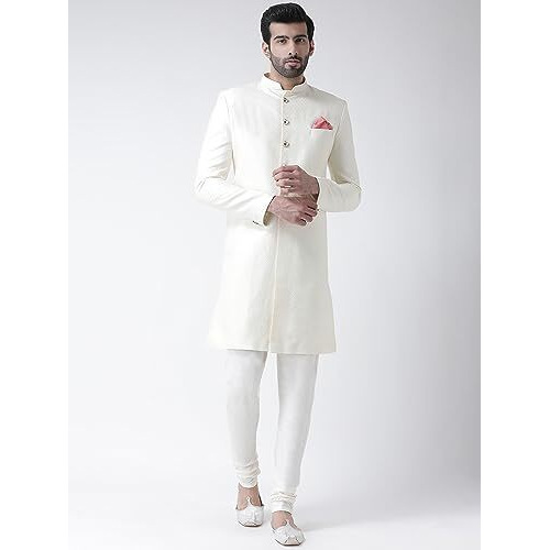 Kisah Men Off-White Self-Design Cotton Sherwani Set, Full Sleaves, Knee Length, Straight, Regular Fit, Mandarin Collar Ethnic Casual Wear