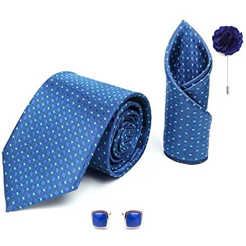 Rizoro Mens Plaid Dotted Silk Necktie Gift Set With Pocket Square Cufflinks & Brooch Pin Formal Tie With Men's Gifting Box (Dark Blue A13Blrx Free Size)