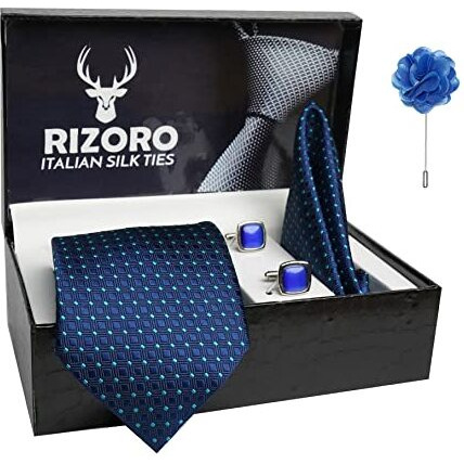 Rizoro Mens Plaid Dotted Silk Necktie Gift Set With Pocket Square Cufflinks & Brooch Pin Formal Tie With Men's Gifting Box (Dark Blue A13Blrx Free Size)