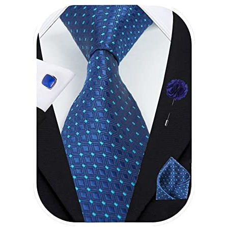 Rizoro Mens Plaid Dotted Silk Necktie Gift Set With Pocket Square Cufflinks & Brooch Pin Formal Tie With Men's Gifting Box (Dark Blue A13Blrx Free Size)
