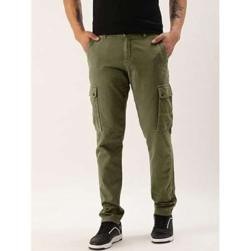 Ivoc Men Solid Slim Fit Cotton Cargo Trousers (Olive, Size 32), Mid Rise