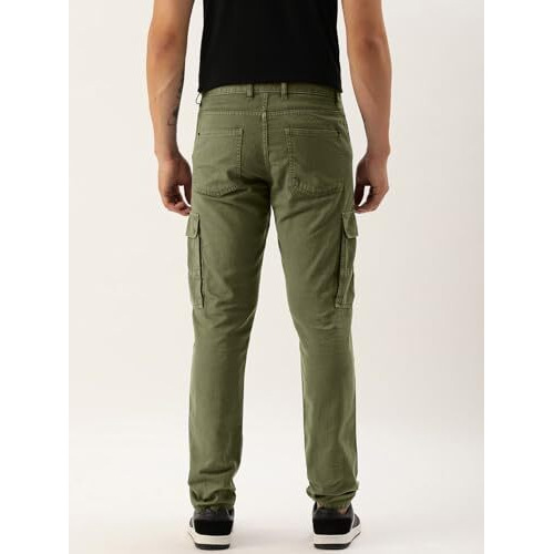 Ivoc Men Solid Slim Fit Cotton Cargo Trousers (Olive, Size 32), Mid Rise