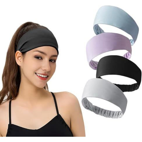 Proberos 4Pcs Sweat Bands Headbands For Women & Men, Breathable Quick-Dry Elastic Sports Headbands For Running, Workouts, Yoga, Fitness, Stylish 4-Color Pack (Grey, Black, Purple, Blue)