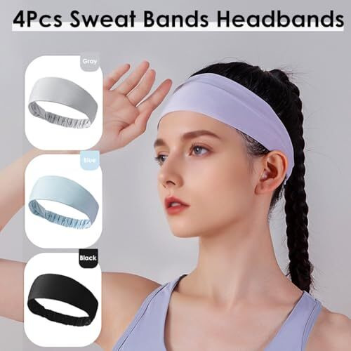 Proberos 4Pcs Sweat Bands Headbands For Women & Men, Breathable Quick-Dry Elastic Sports Headbands For Running, Workouts, Yoga, Fitness, Stylish 4-Color Pack (Grey, Black, Purple, Blue)