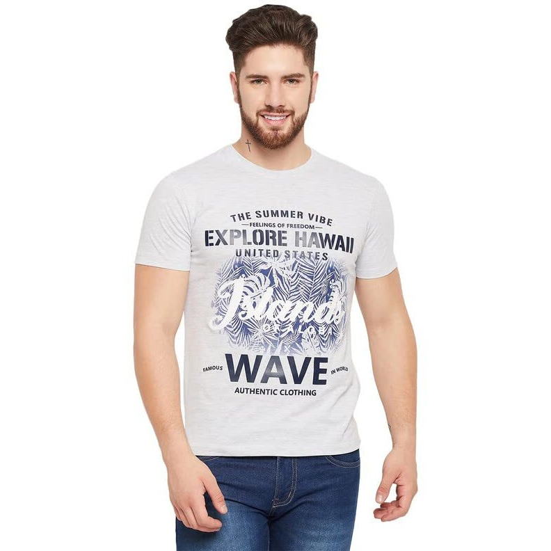 Cantabil Men Grey Cotton Blend Round Neck Half Sleeve Printed T-Shirt (Mtsh00313_Greymelange_L)