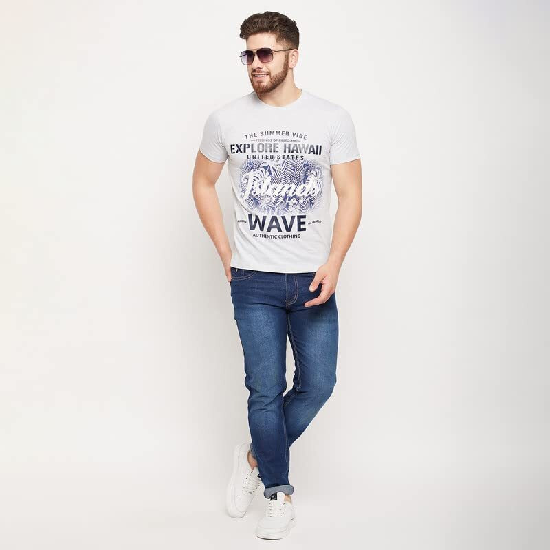 Cantabil Men Grey Cotton Blend Round Neck Half Sleeve Printed T-Shirt (Mtsh00313_Greymelange_L)