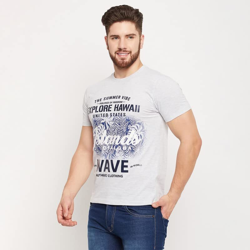 Cantabil Men Grey Cotton Blend Round Neck Half Sleeve Printed T-Shirt (Mtsh00313_Greymelange_L)