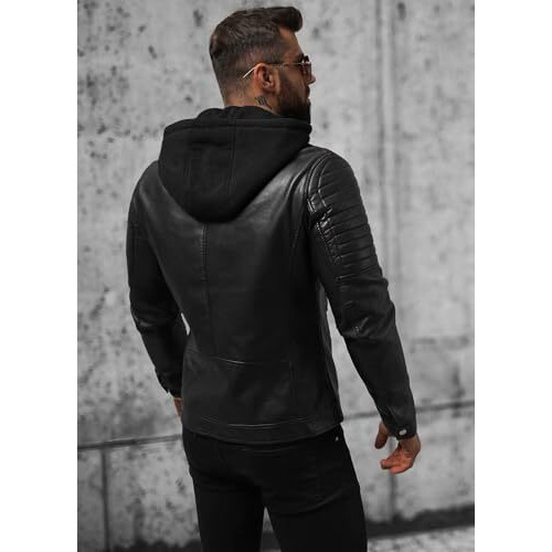 Blaq Ash Men's Faux Leather Hooded Motorcycle Jacket, Zip-Up, With Pockets Removable Hood (In, Alpha, Xl, Regular, Black)