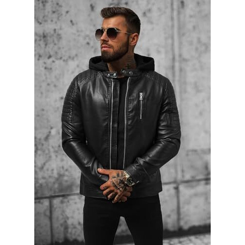 Blaq Ash Men's Faux Leather Hooded Motorcycle Jacket, Zip-Up, With Pockets Removable Hood (In, Alpha, Xl, Regular, Black)