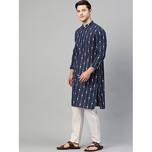 See Designs Men's Cotton Regular Fit Kurta (15049822_Navy Blue_L)