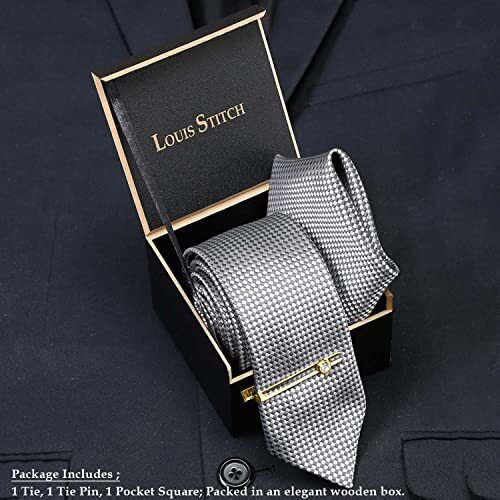 Louis Stitch Mens Ash Grey Italian Silk Suit Necktie With Gold Tie Pin (Prague)