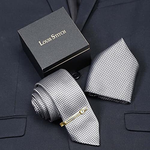 Louis Stitch Mens Ash Grey Italian Silk Suit Necktie With Gold Tie Pin (Prague)